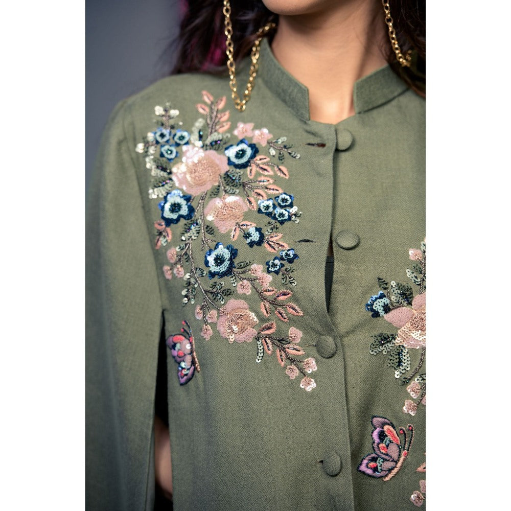 NEIZA Olive Green with Navy and Pink Embroidery Cape