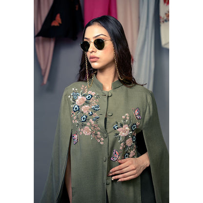NEIZA Olive Green with Navy and Pink Embroidery Cape