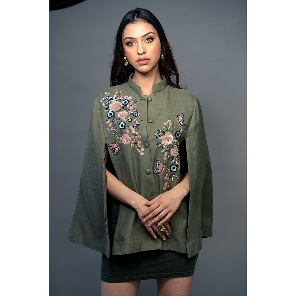 NEIZA Olive Green with Navy and Pink Embroidery Cape