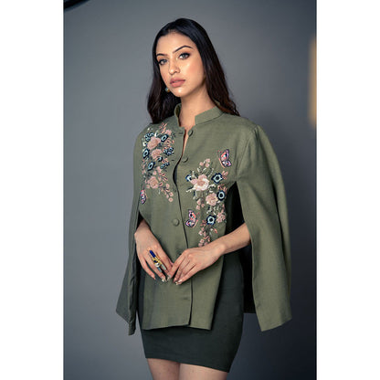 NEIZA Olive Green with Navy and Pink Embroidery Cape
