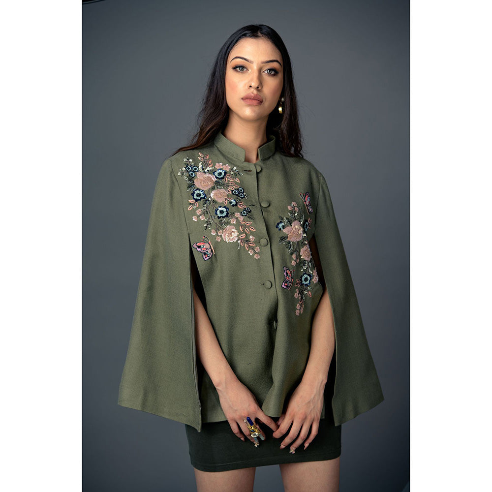 NEIZA Olive Green with Navy and Pink Embroidery Cape