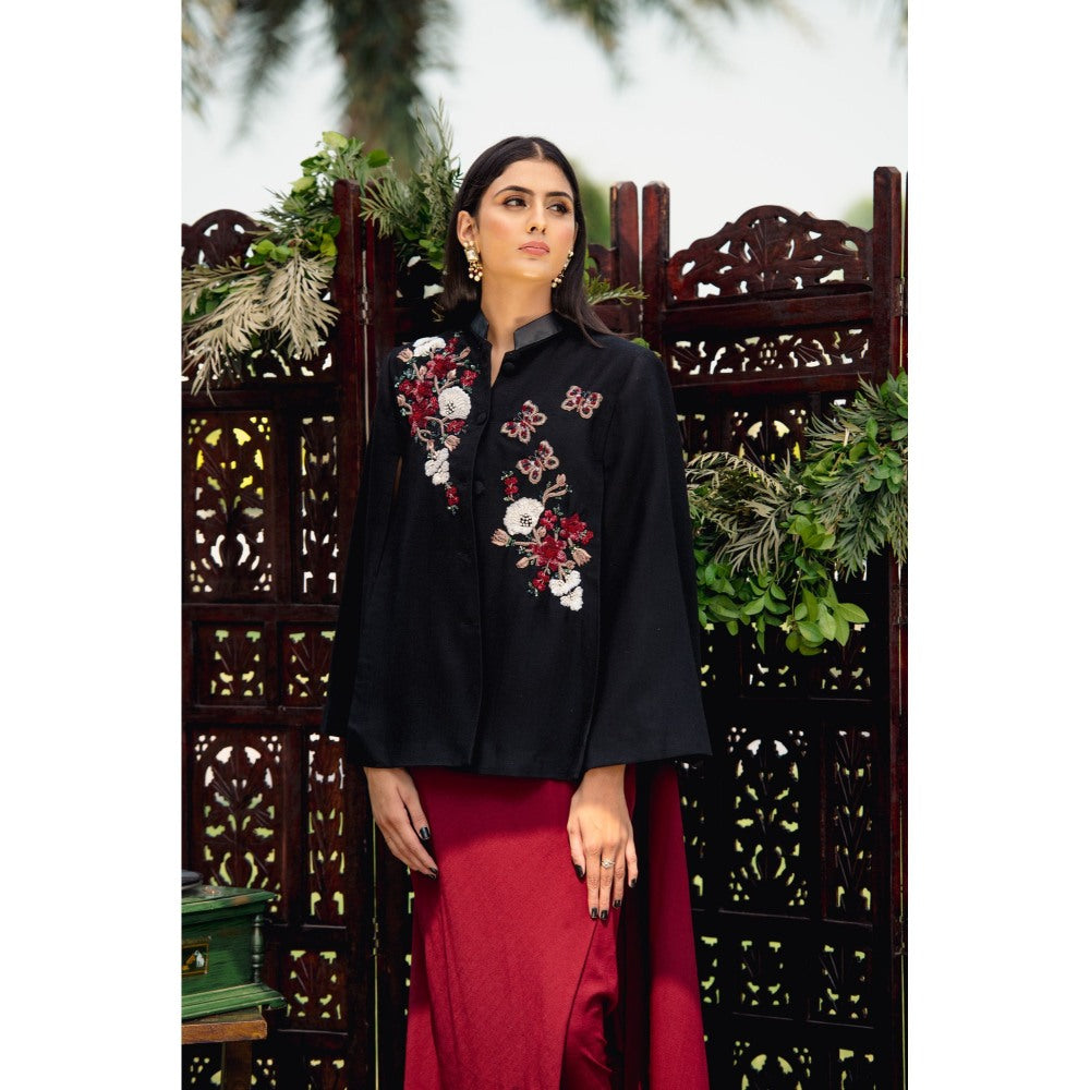 NEIZA Black with Red and White Embroidery Cape
