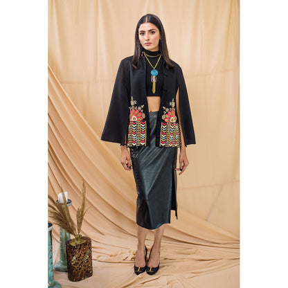NEIZA Black with Peach and Blue Embroidery Cape