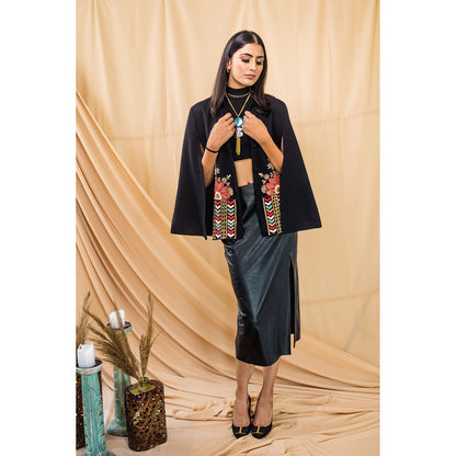NEIZA Black with Peach and Blue Embroidery Cape