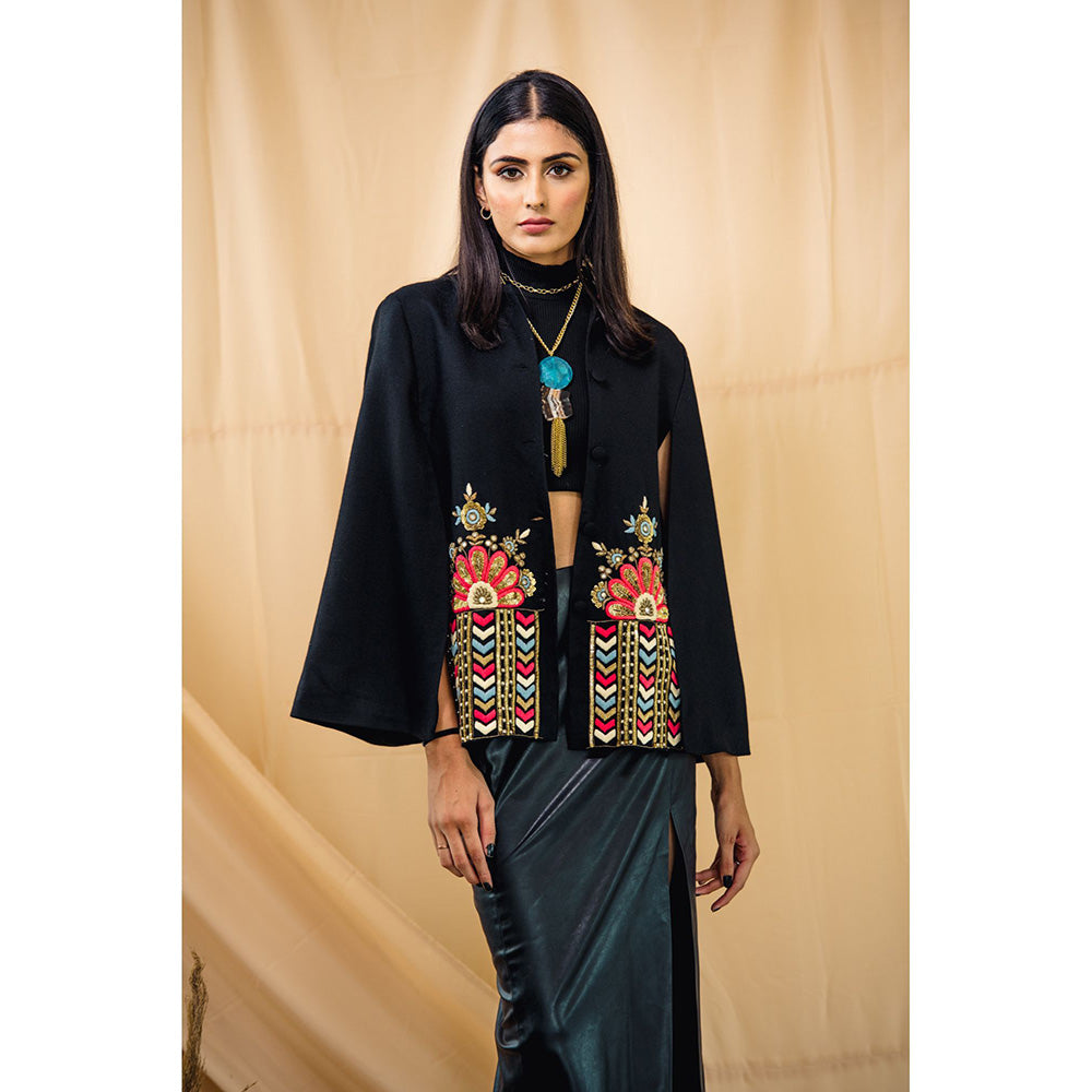 NEIZA Black with Peach and Blue Embroidery Cape