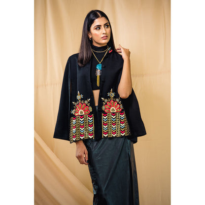 NEIZA Black with Peach and Blue Embroidery Cape