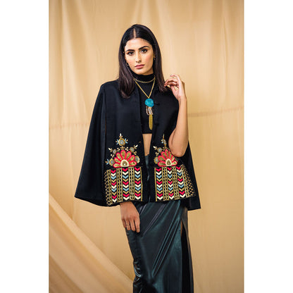 NEIZA Black with Peach and Blue Embroidery Cape