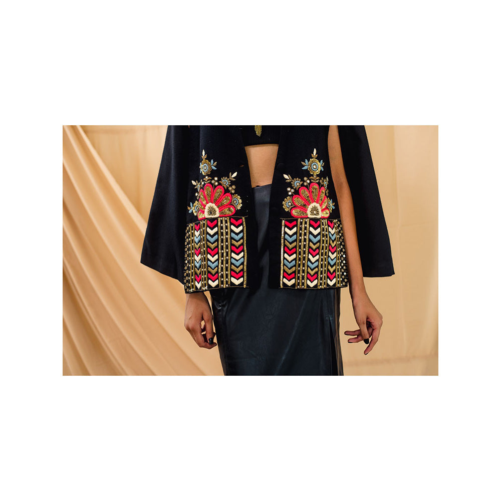 NEIZA Black with Peach and Blue Embroidery Cape