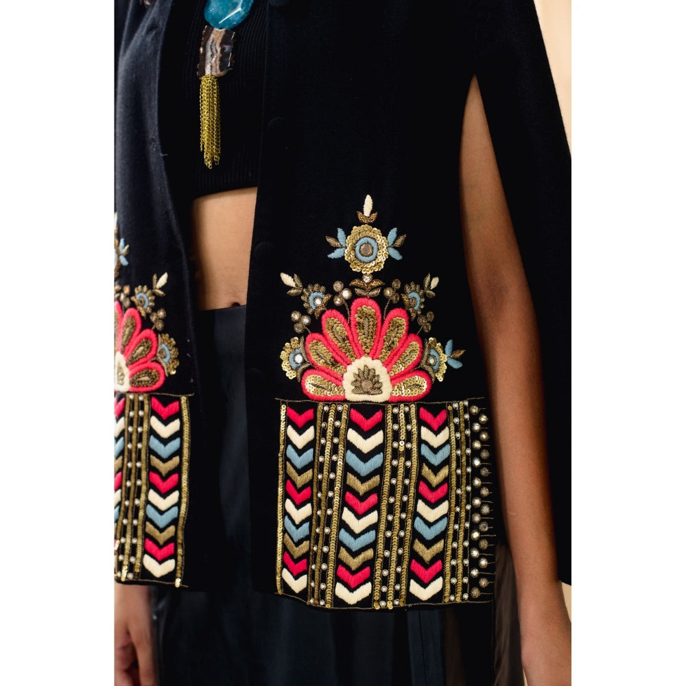 NEIZA Black with Peach and Blue Embroidery Cape