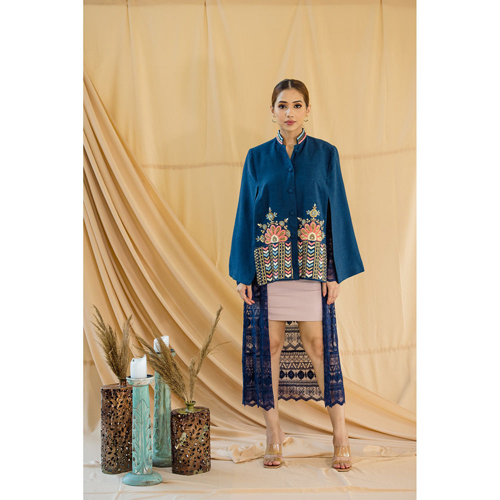 NEIZA Sky Blue with Peach and Blue Embroidery Cape