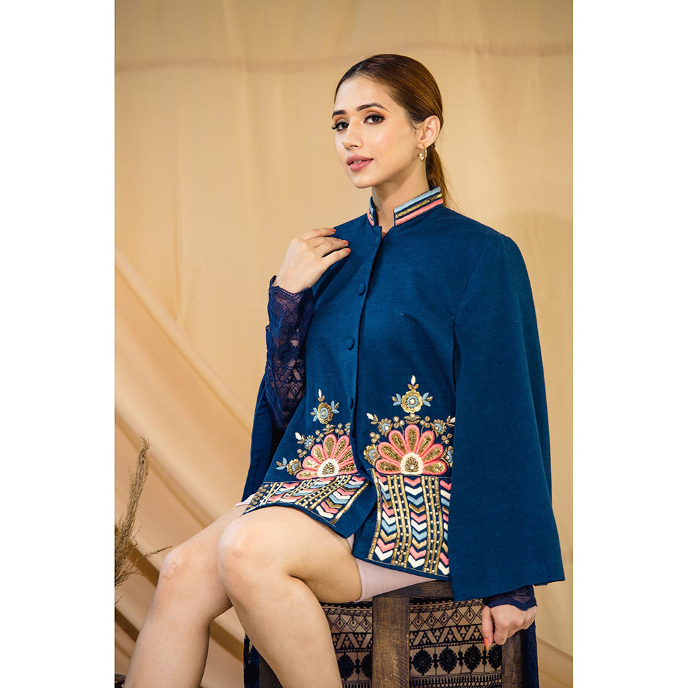 NEIZA Sky Blue with Peach and Blue Embroidery Cape