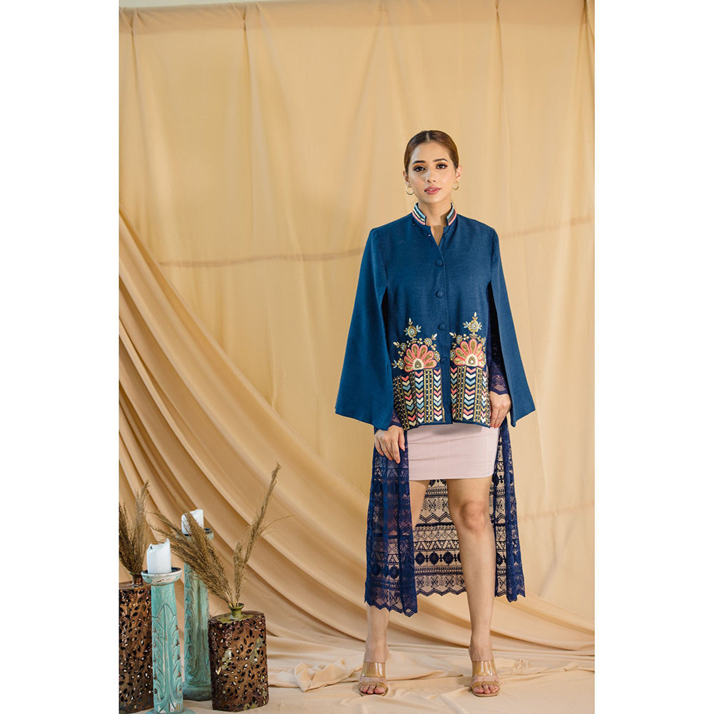 NEIZA Sky Blue with Peach and Blue Embroidery Cape
