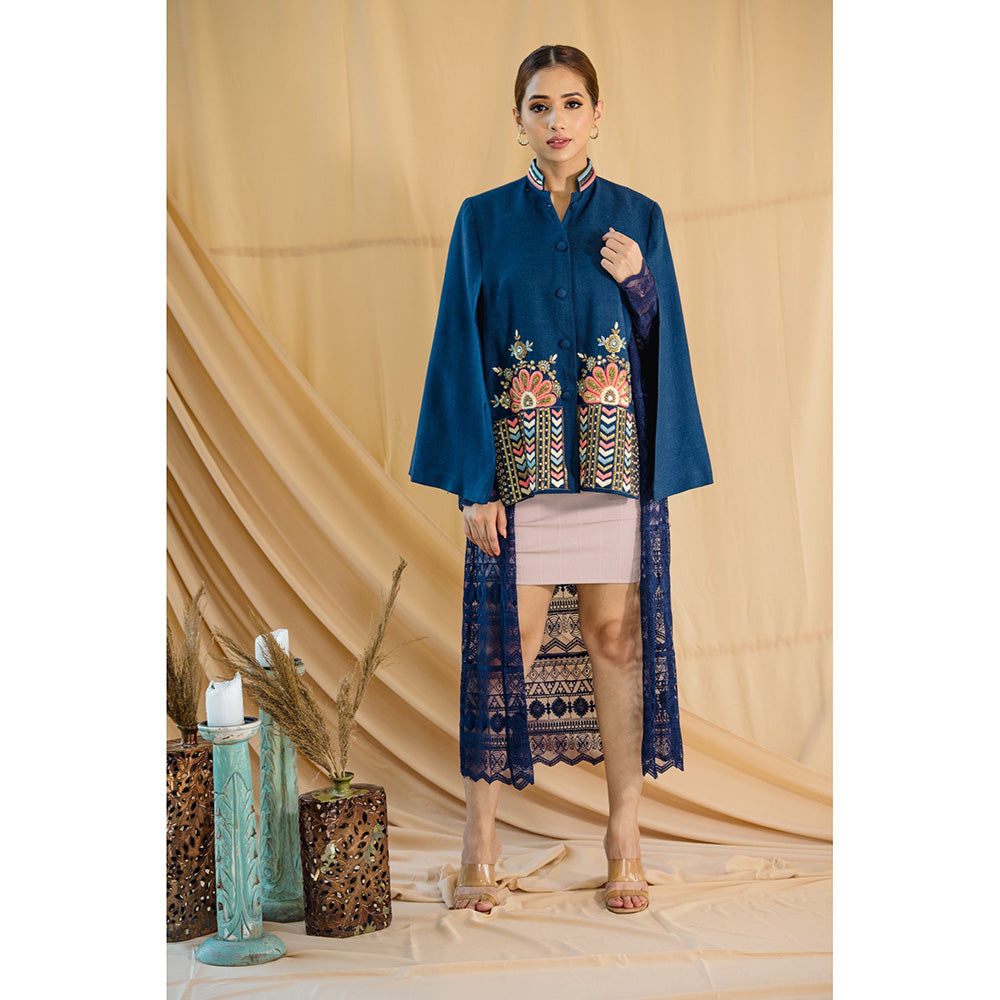 NEIZA Sky Blue with Peach and Blue Embroidery Cape