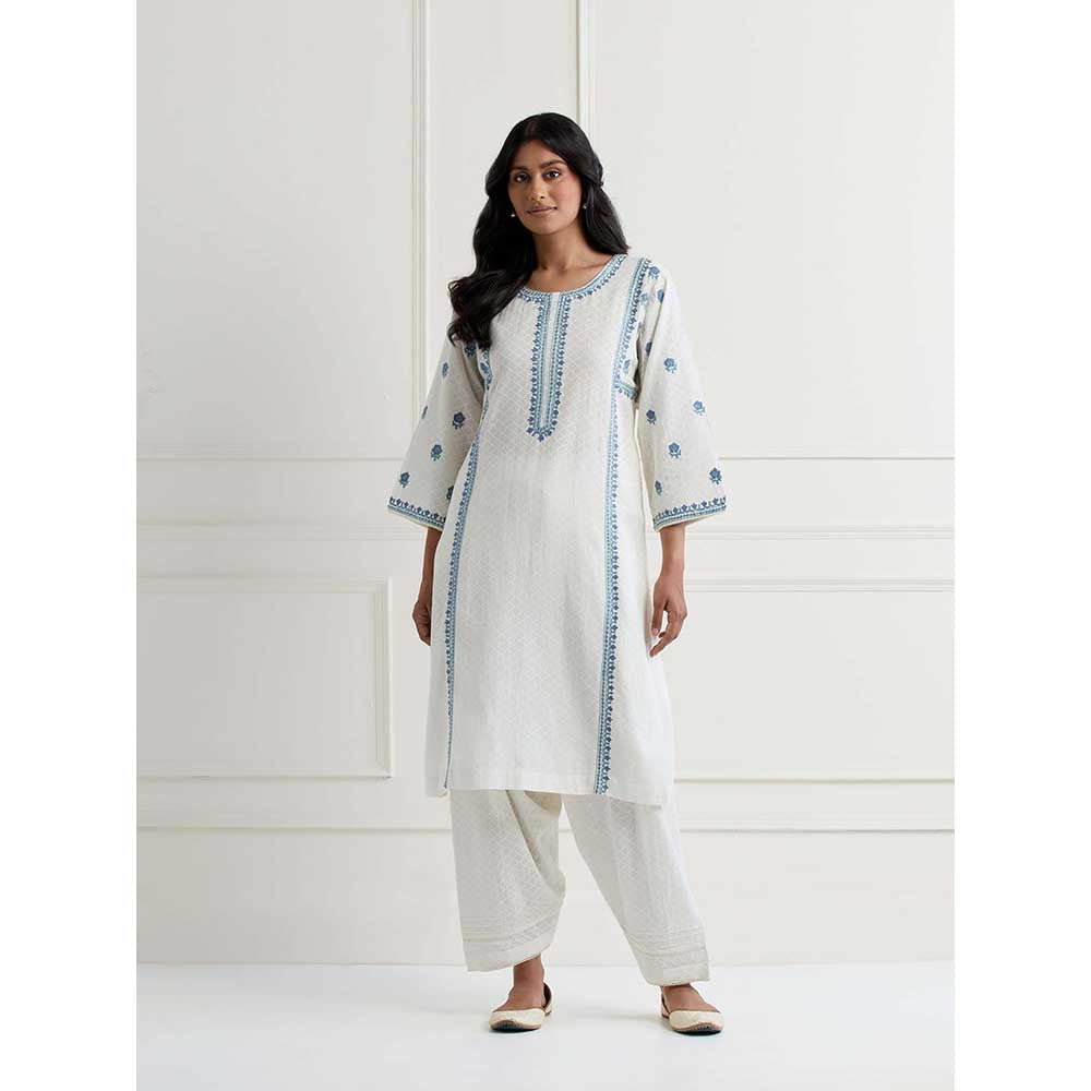 NEMAANI Off White Embroidered Aline Kurta with Salwar Pant (Set of 2)