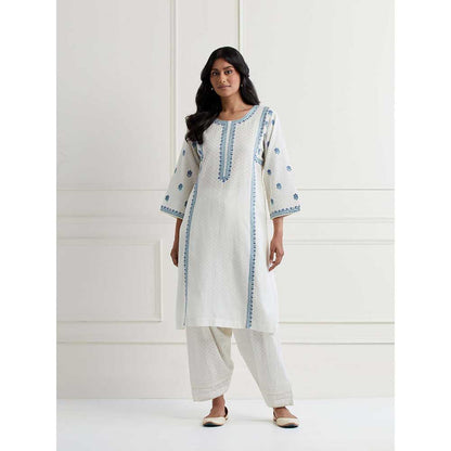 NEMAANI Off White Embroidered Aline Kurta with Salwar Pant (Set of 2)