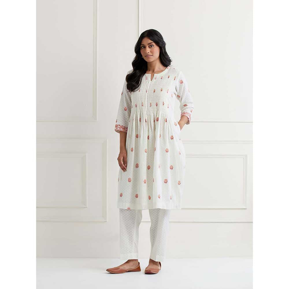 NEMAANI Off White Embroidered Cotton Anarkali Kurta with Pant (Set of 2)