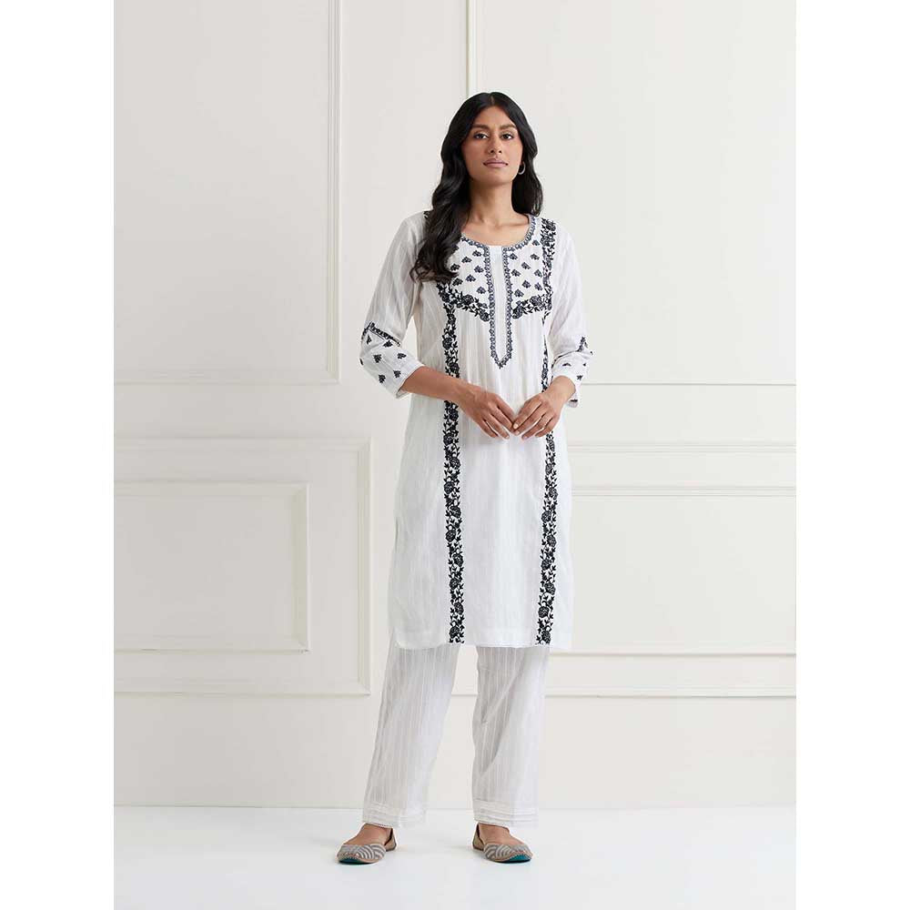 NEMAANI White Embroidered Kurta with Pant (Set of 2)