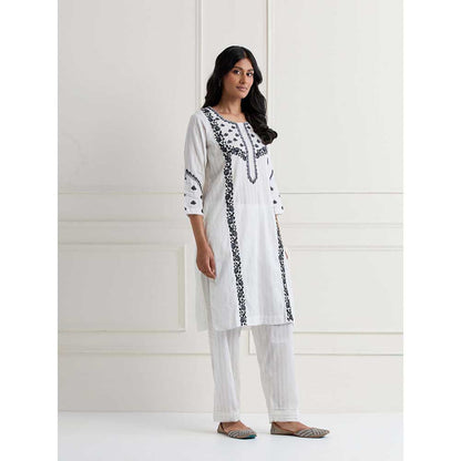 NEMAANI White Embroidered Kurta with Pant (Set of 2)