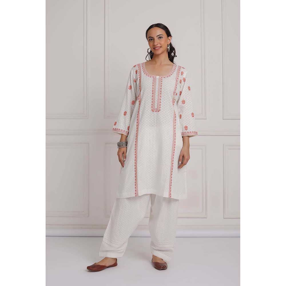 NEMAANI Peach Embroidered Aline Kurta with Salwar Pant (Set of 2)