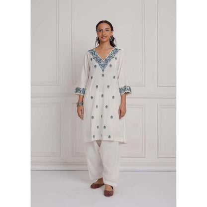 NEMAANI Off White Cotton Kurta with Salwar Pant (Set of 2)