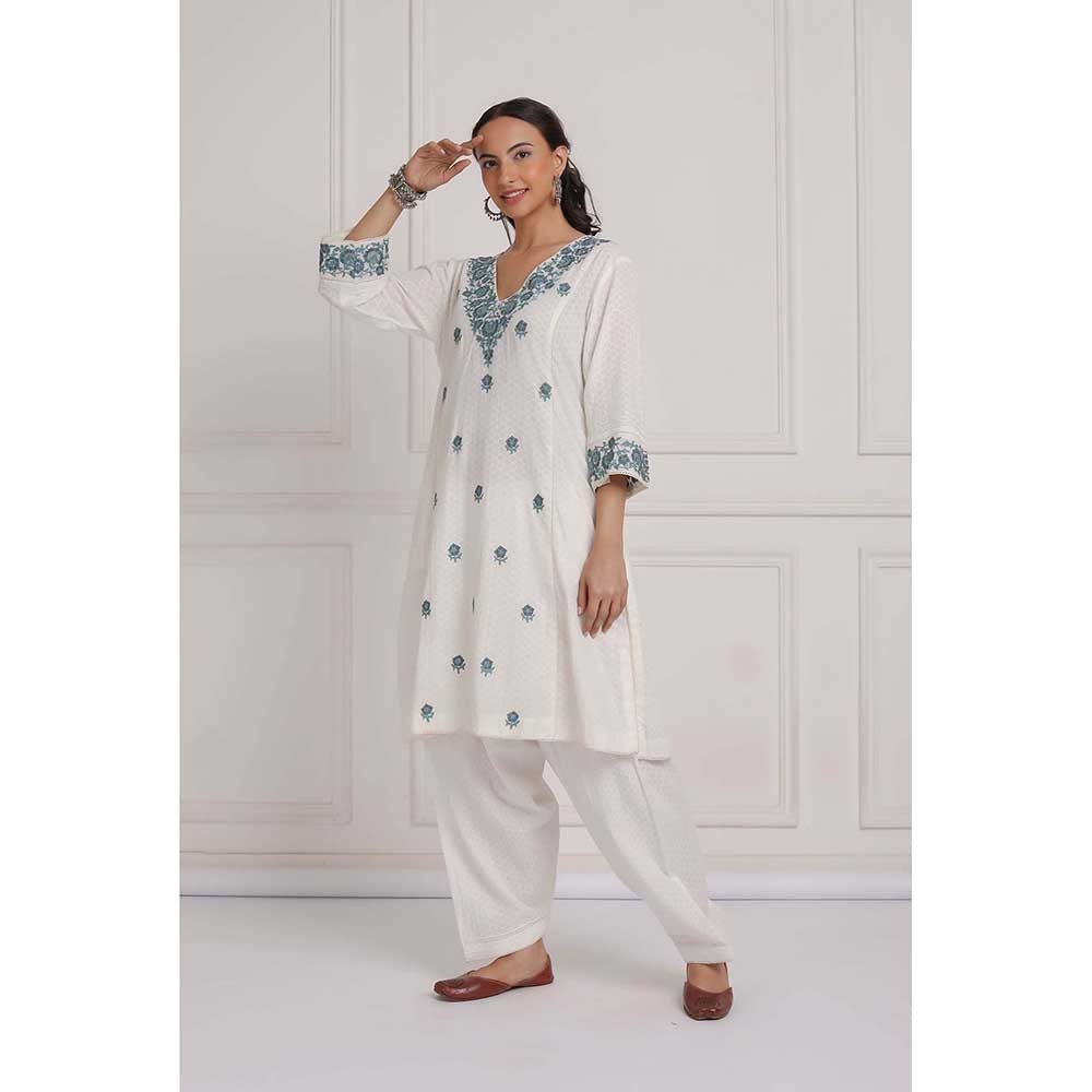 NEMAANI Off White Cotton Kurta with Salwar Pant (Set of 2)