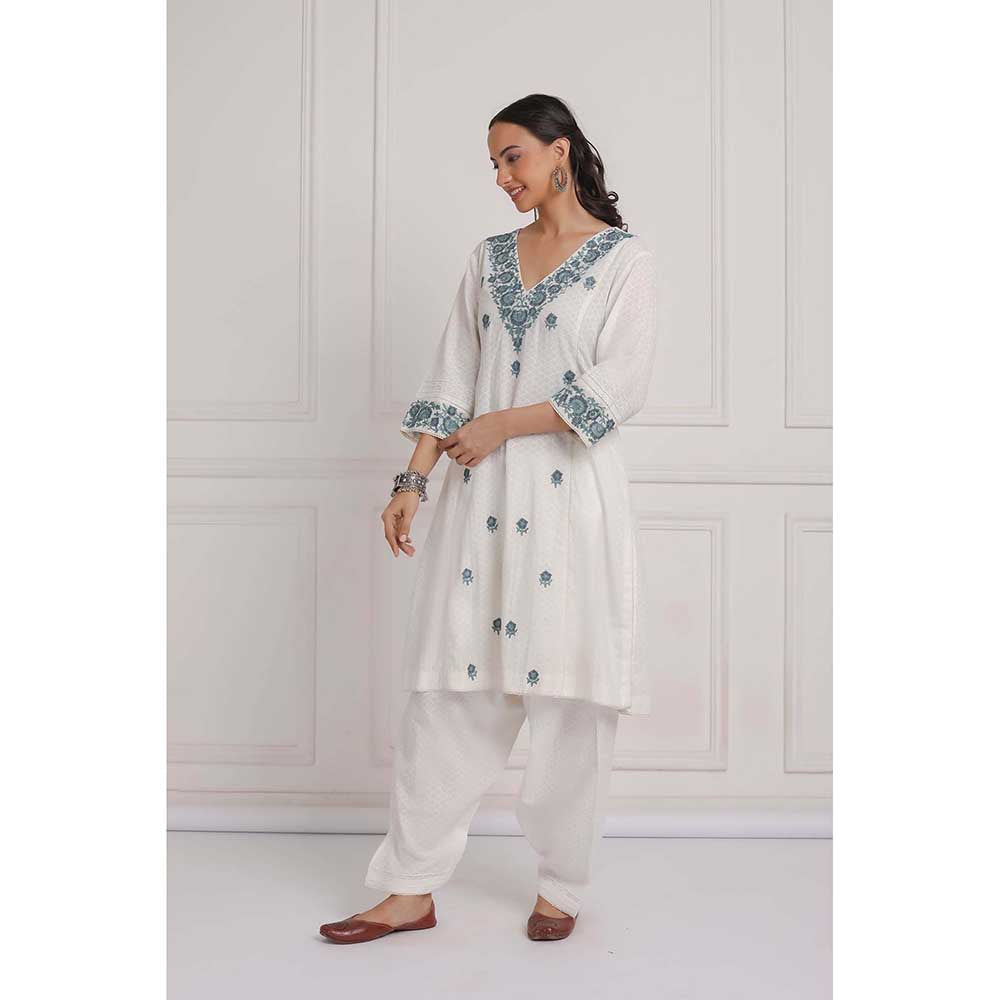 NEMAANI Off White Cotton Kurta with Salwar Pant (Set of 2)