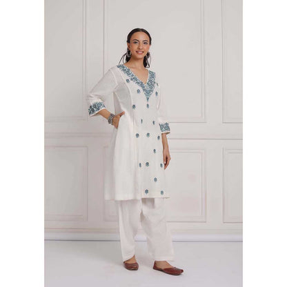 NEMAANI Off White Cotton Kurta with Salwar Pant (Set of 2)