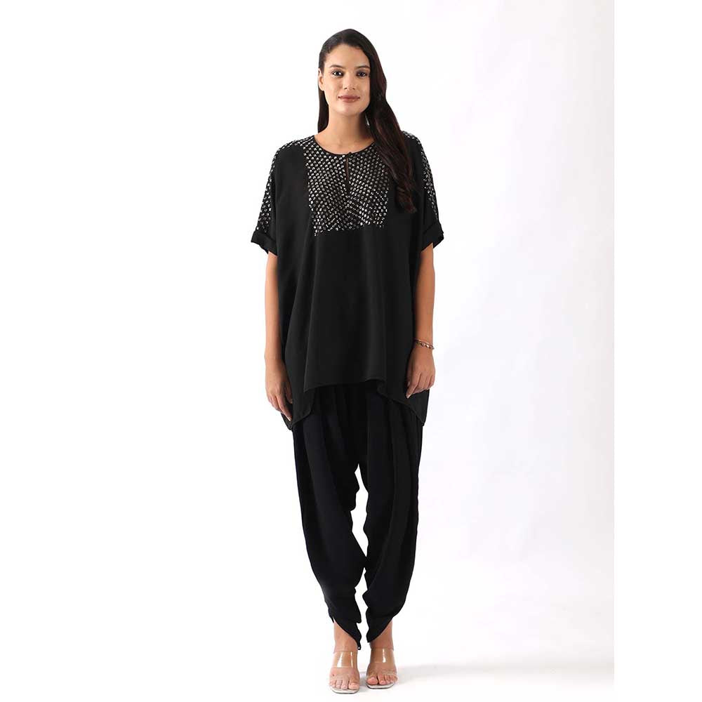 NEMAANI Black Shoulder Embroidered Top With Dhoti Pant (Set of 2)