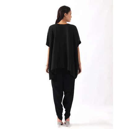 NEMAANI Black Shoulder Embroidered Top With Dhoti Pant (Set of 2)