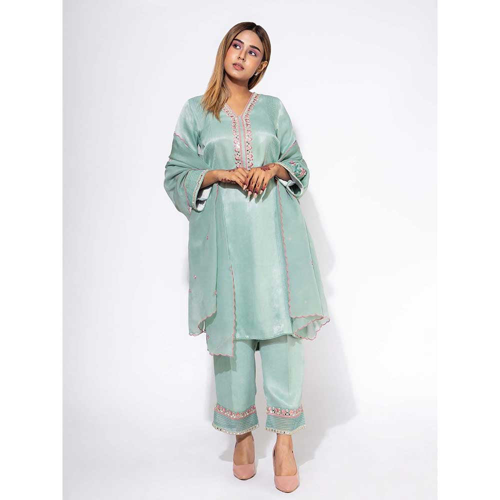 NEMAANI Blue Embroidered Sleeve Kurta with Pant and Dupatta (Set of 3)