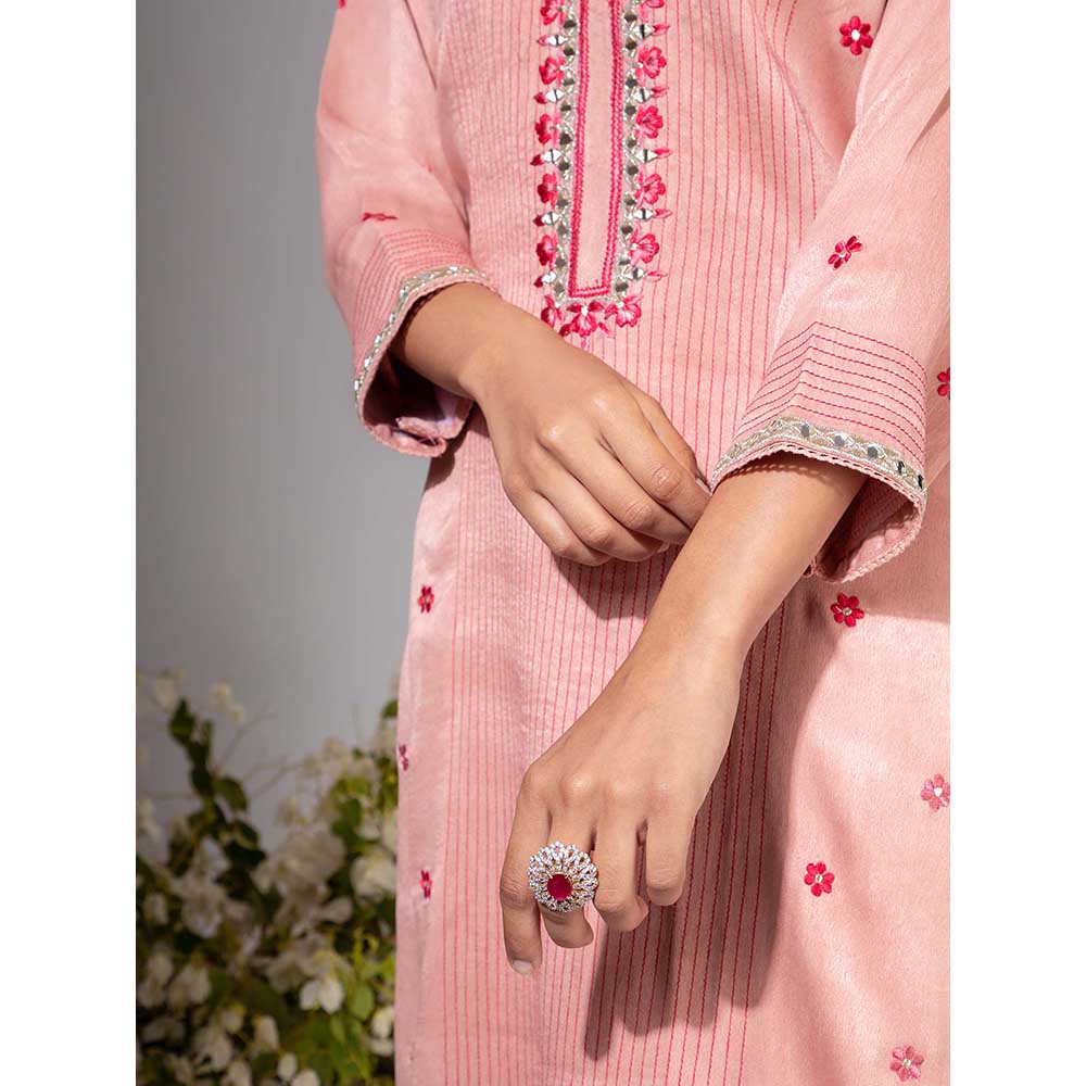 NEMAANI Pink Neckline Embroidered Kurta with Pant and Dupatta (Set of 3)