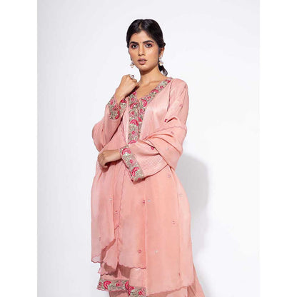 NEMAANI Pink Organza Panel Embroidered Kurta with Salwar Pant and Dupatta (Set of 3)
