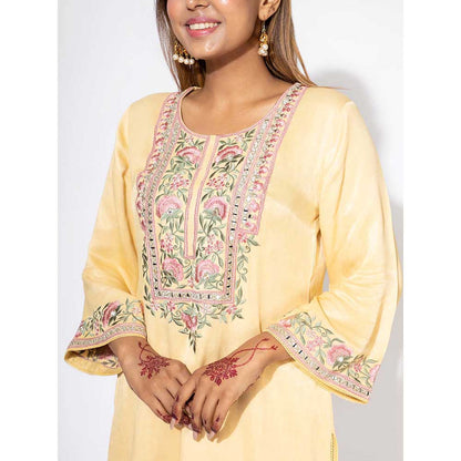 NEMAANI Yellow Embroidered Yoke Kurta with Salwar Pant and Dupatta (Set of 3)