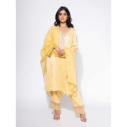 NEMAANI Yellow Embroidered Sleeve Kurta with Pant and Dupatta (Set of 3)