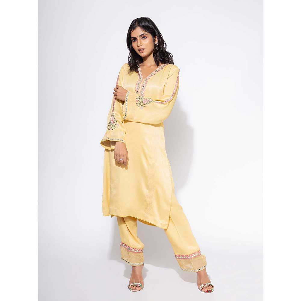 NEMAANI Yellow Embroidered Sleeve Kurta with Pant and Dupatta (Set of 3)
