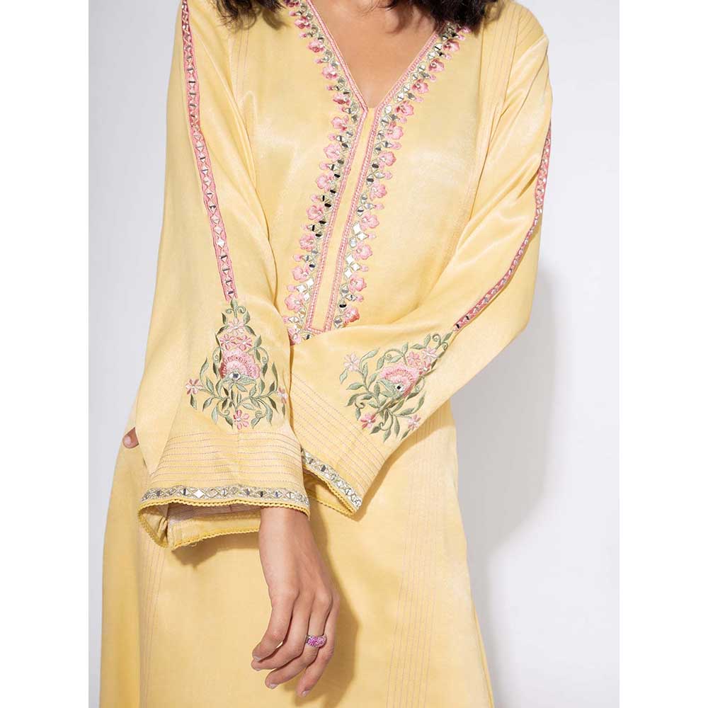 NEMAANI Yellow Embroidered Sleeve Kurta with Pant and Dupatta (Set of 3)