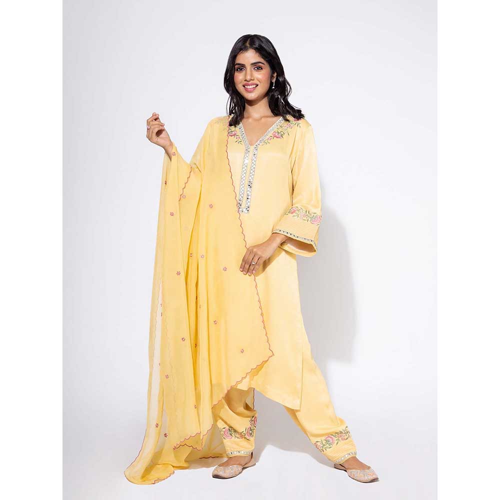 NEMAANI Yellow Side Boota Embroidered Kurta with Salwar Pant and Dupatta (Set of 3)