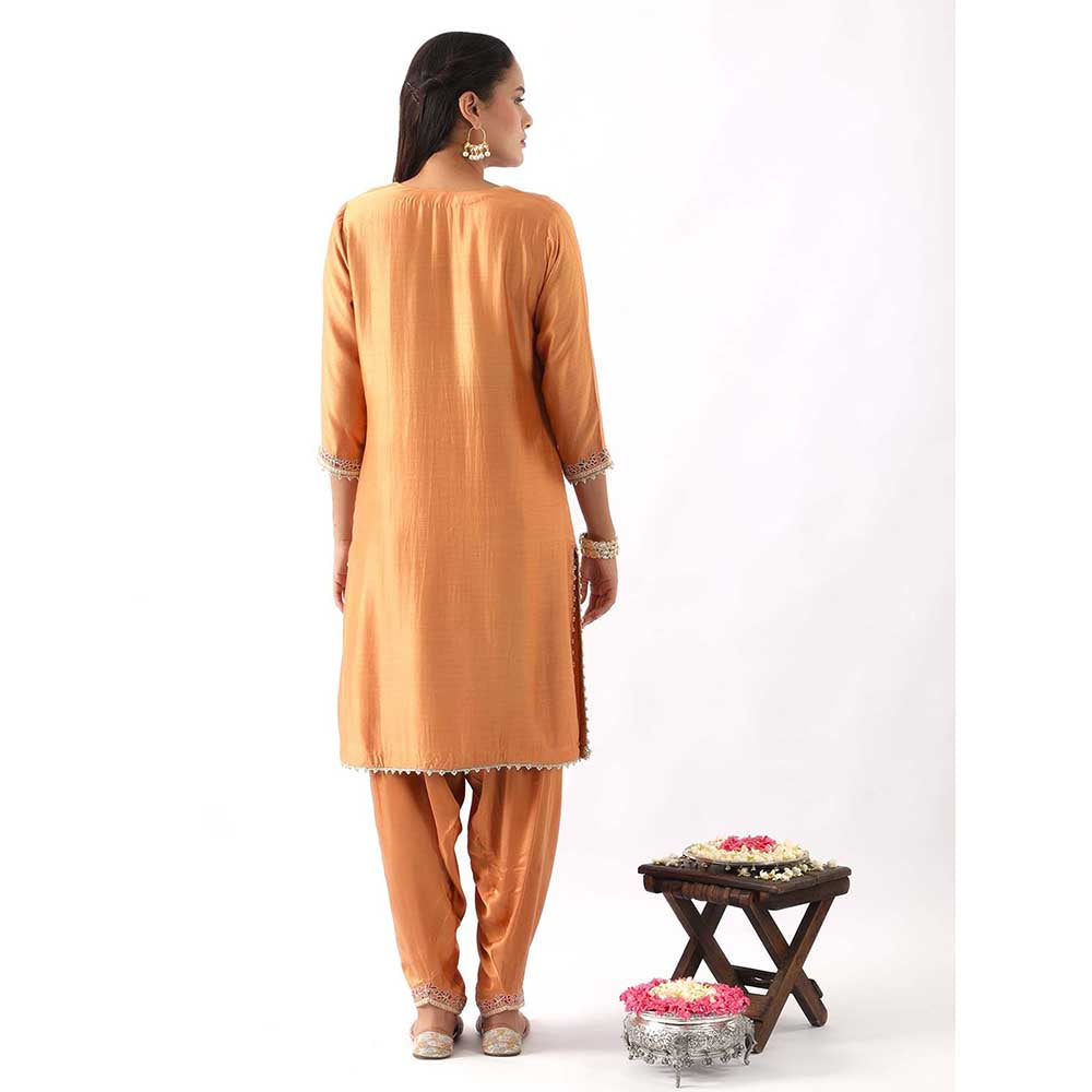 NEMAANI Orange Neck Embroidered Kurta with Salwar Pant and Dupatta (Set of 3)