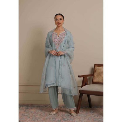 NEMAANI Blue Neck Embroidered Kurta with Salwar Pant and Dupatta (Set of 3)
