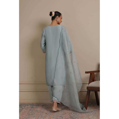 NEMAANI Blue Neck Embroidered Kurta with Salwar Pant and Dupatta (Set of 3)