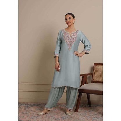 NEMAANI Blue Neck Embroidered Kurta with Salwar Pant and Dupatta (Set of 3)