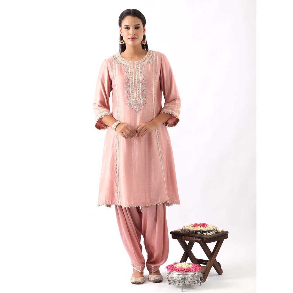 NEMAANI Blush Pink Embroidered A-Line Kurta with Salwar Pant and Dupatta (Set of 3)