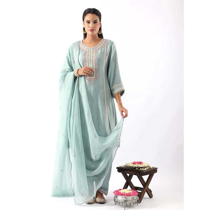 NEMAANI Ice Blue Embroidered A-Line Kurta with Salwar Pant and Dupatta (Set of 3)