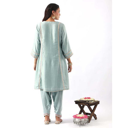 NEMAANI Ice Blue Embroidered A-Line Kurta with Salwar Pant and Dupatta (Set of 3)