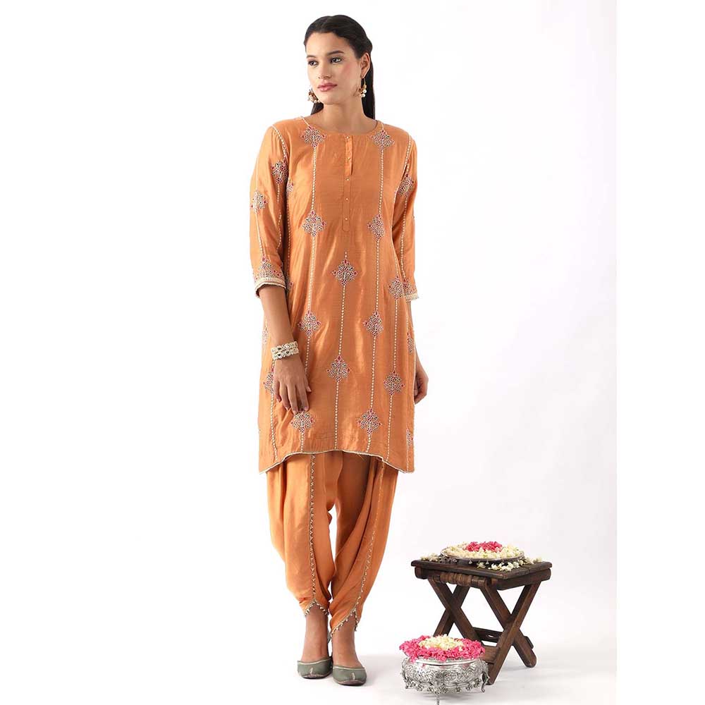 NEMAANI Orange Embroidered Kurta with Dhoti Pant and Dupatta (Set of 3)