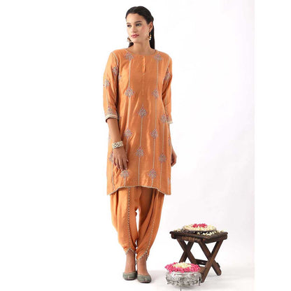 NEMAANI Orange Embroidered Kurta with Dhoti Pant and Dupatta (Set of 3)