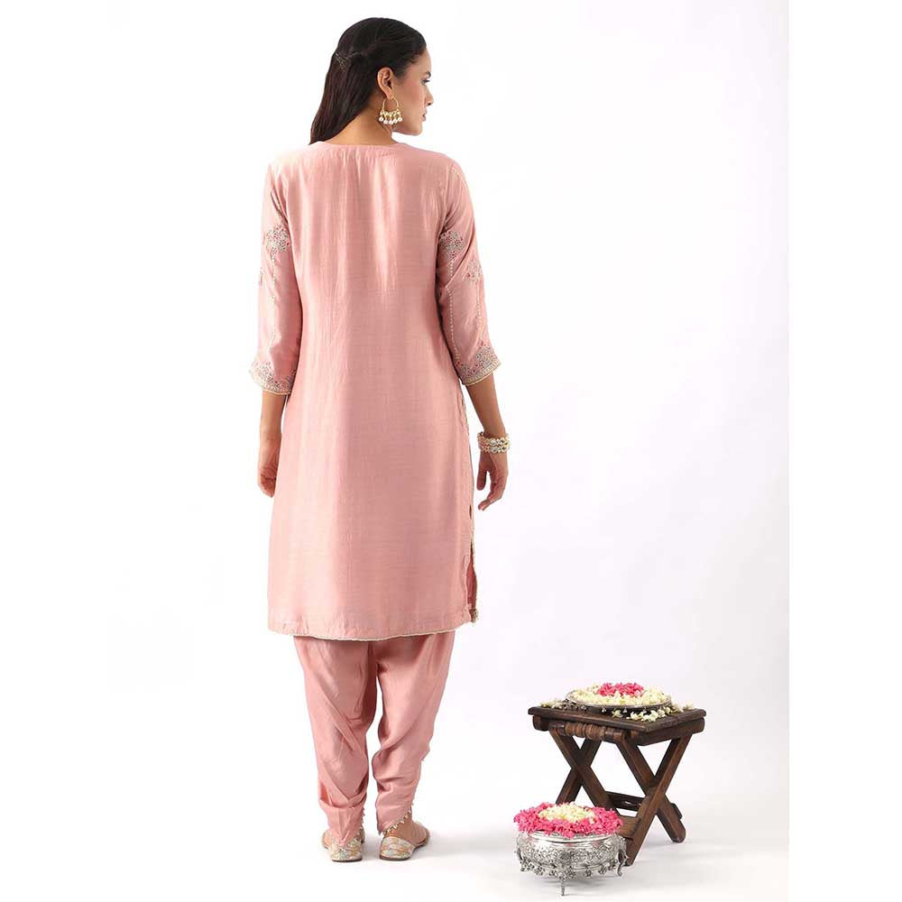 NEMAANI Blush Pink Embroidered Kurta with Dhoti Pant and Dupatta (Set of 3)
