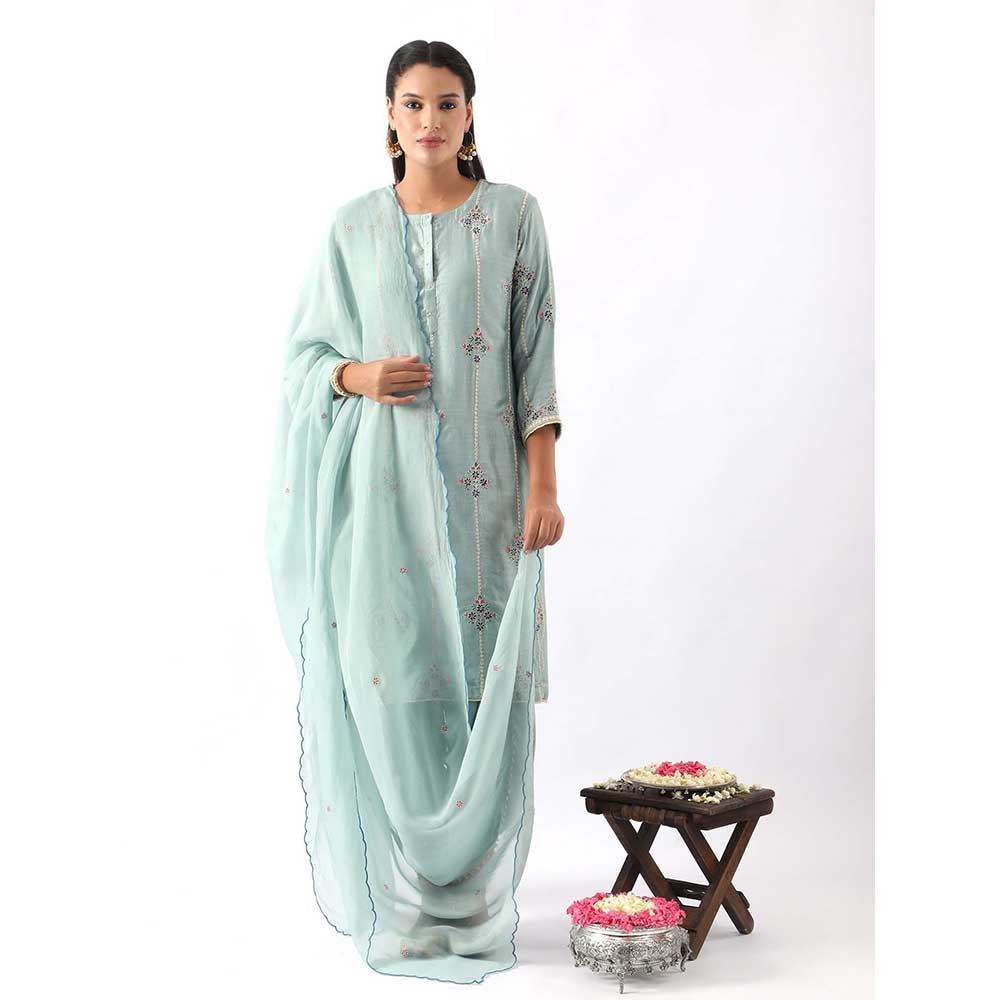 NEMAANI Ice Blue Embroidered Kurta with Dhoti Pant and Dupatta (Set of 3)