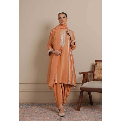 NEMAANI Orange Embroidered A-Line Kurta with Dhoti Pant and Dupatta (Set of 3)