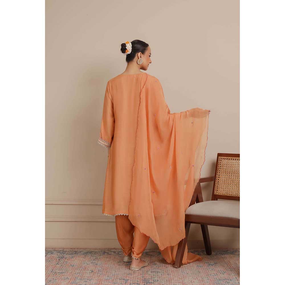 NEMAANI Orange Embroidered A-Line Kurta with Dhoti Pant and Dupatta (Set of 3)